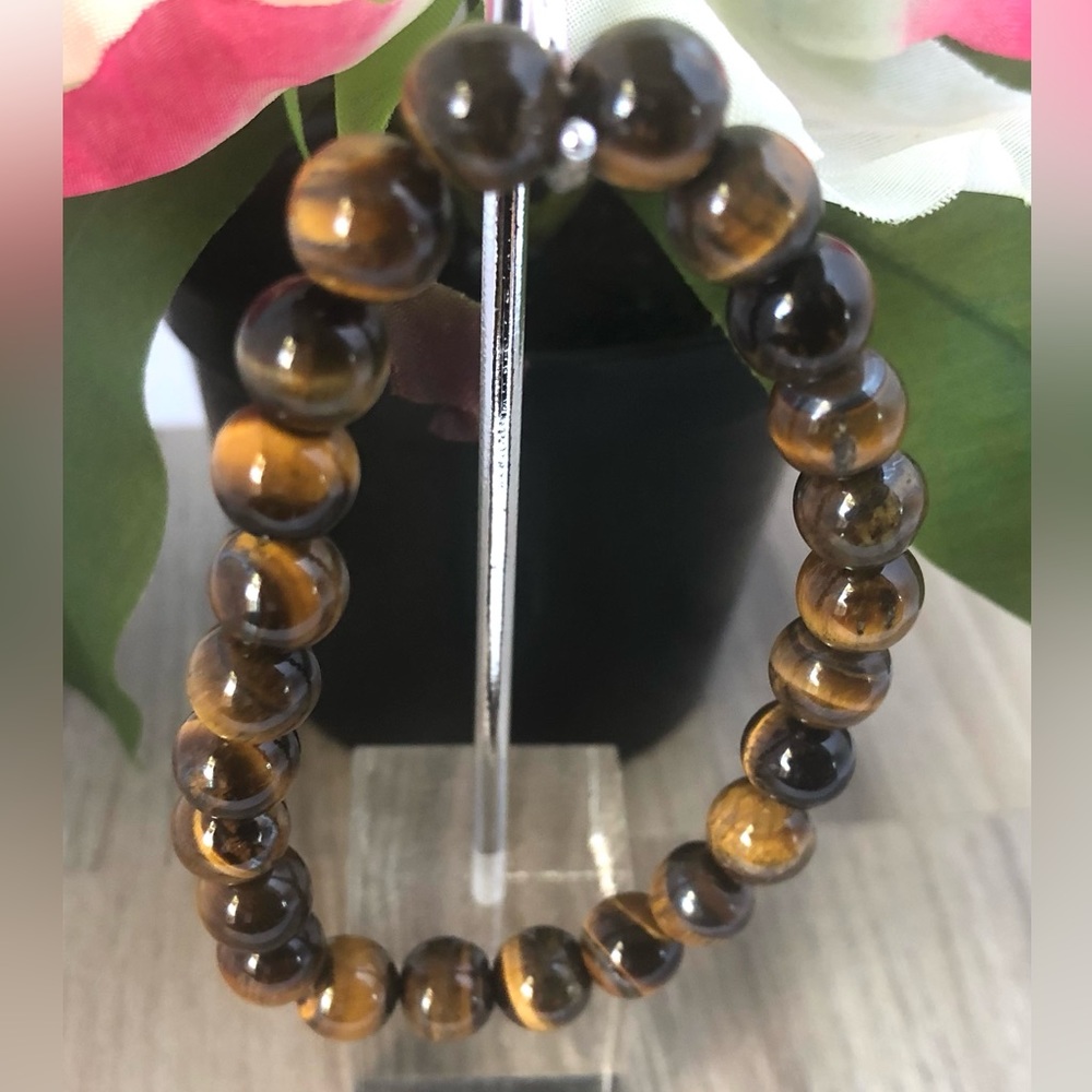 Tiger Eye Natural Stone Beads Stretchable Bracelet 7" - 8mm Beads Best g…